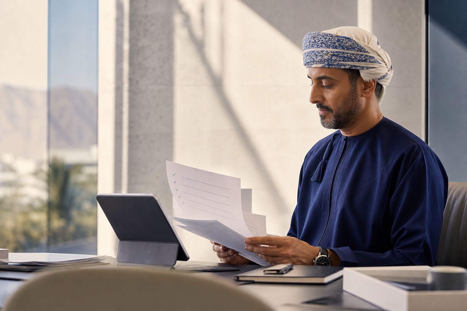 An Omani people leader reviewing structured appraisal records in a Muscat office